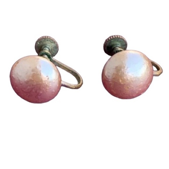 Marked JAPAN Antique Screw Back Pearl Earrings Vintage Jewelry Clip On Feminine - Picture 2 of 7